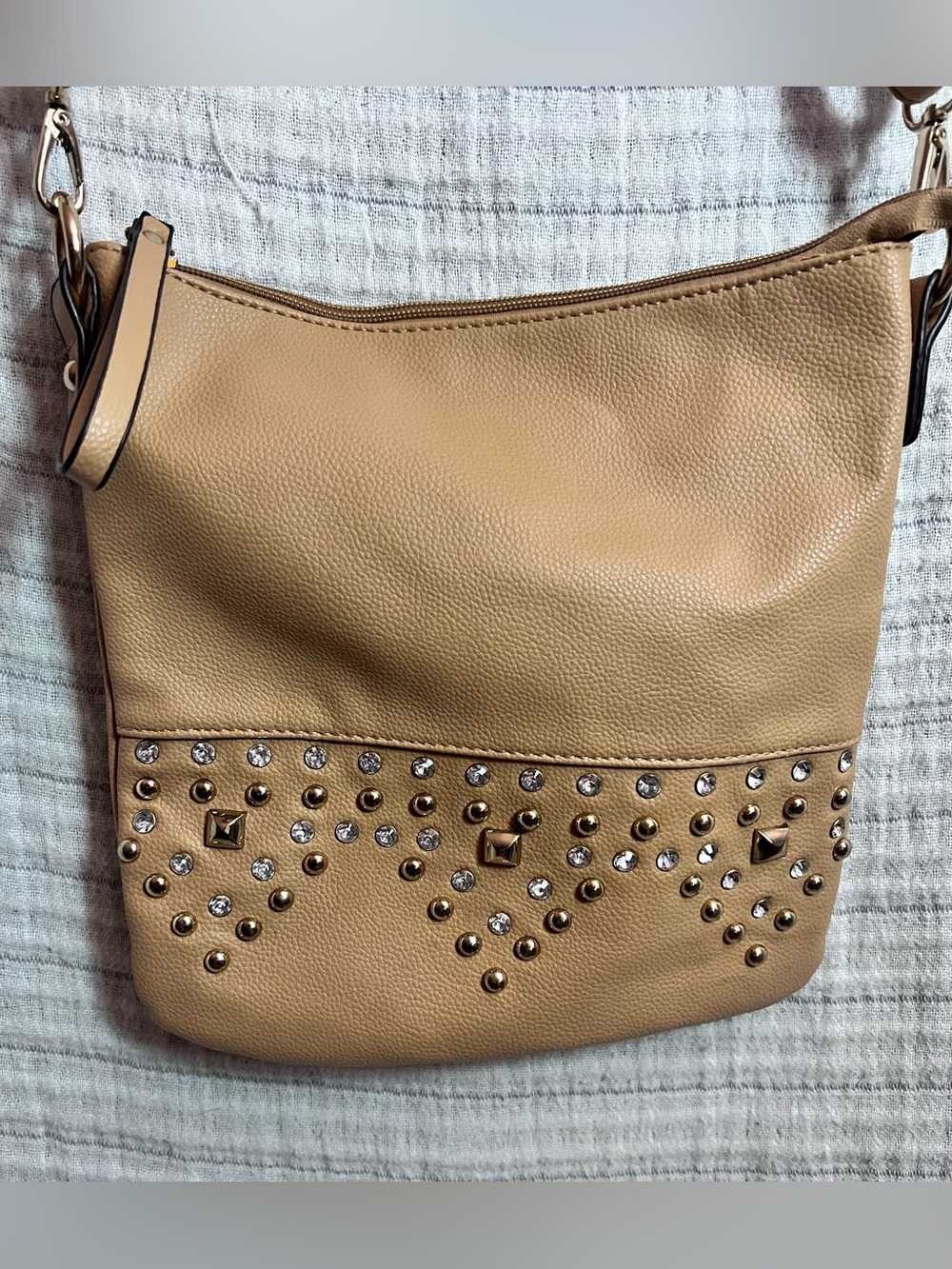 LaTique Studded Tan Shoulder Bag with Crystal Accents